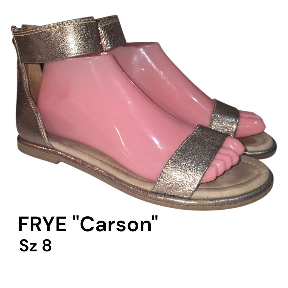 Frye Sz 8 Carson Metallic Gold Ankle Wrap Heel Zip Up Leather Gladiator Sandals